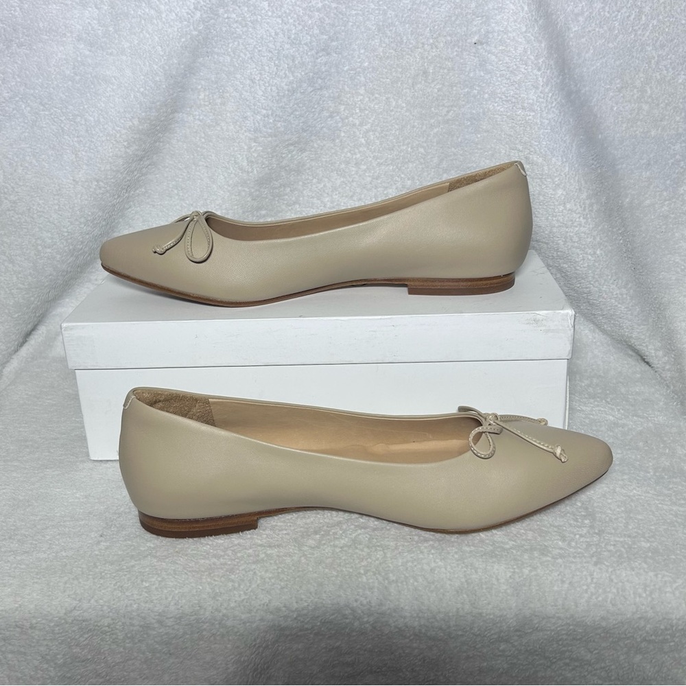 QUINCE Italian Leather Pointed Bow Flat in Almond Sz 9 NEW